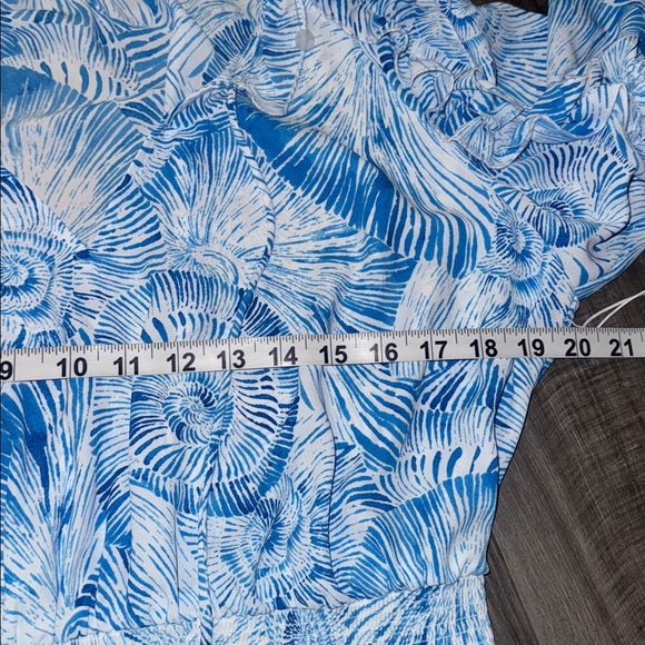 NEW Chico's $149 Chiffon Bell Sleeve Dress 1 blue and white seashells 6 smocked - Picture 8 of 11